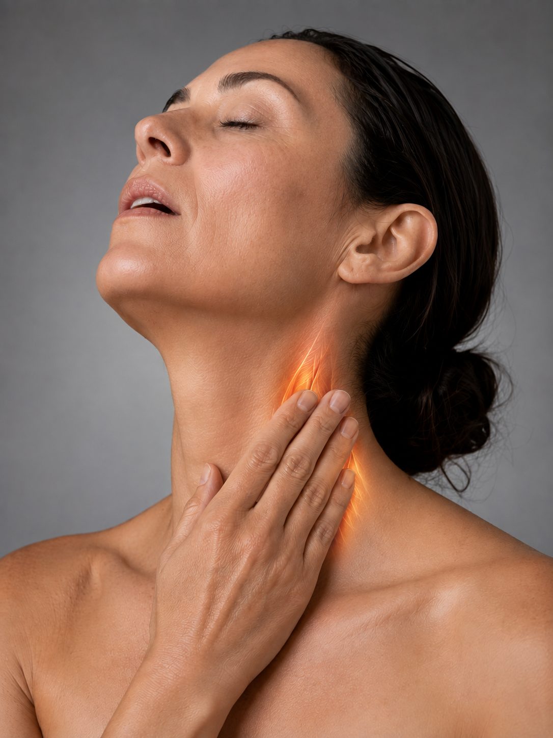 Flat hand sweeping down the side of the neck, muscle visible beneath the fingers
